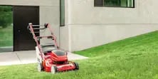 Ein Rasenmäher steht auf dem Rasen