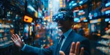 Ein Geschäftsmann mit VR-Brille gestikuliert in einer bunten virtuellen Welt.